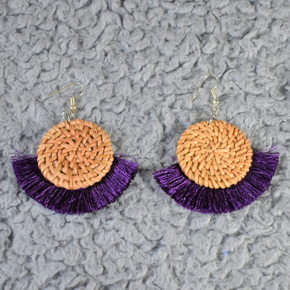 Boho Purple and Wicker Woven Earrings - Picture 2 of 7